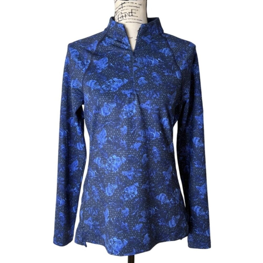 Peter Millar 1/4 Zip Pullover Top Blue Print UPF 50 Long Sleeve Womens Size S